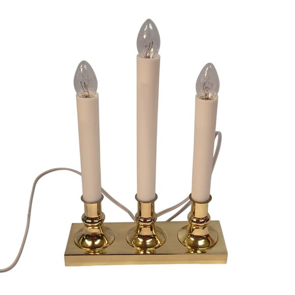 Three Light Candle Lamp Holiday Electric Home Brass Finish Base Indoor Use Box - Picture 2 of 6